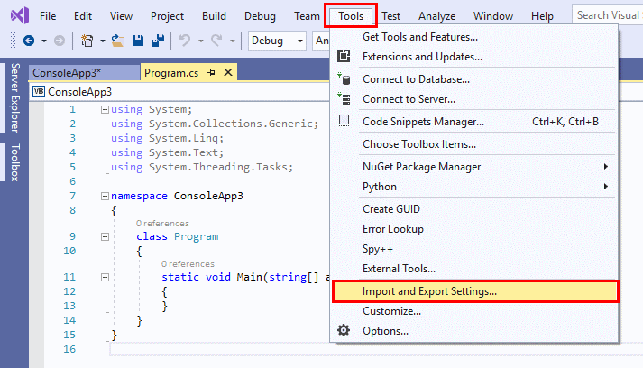 Visual Studio: restablecer todas las configuraciones