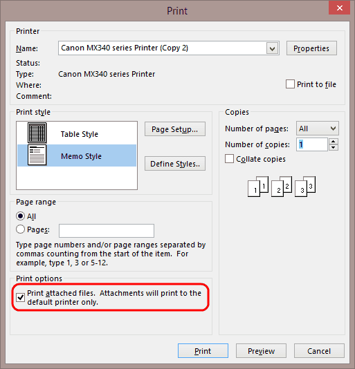 Opción para imprimir archivos adjuntos de Outlook 2013