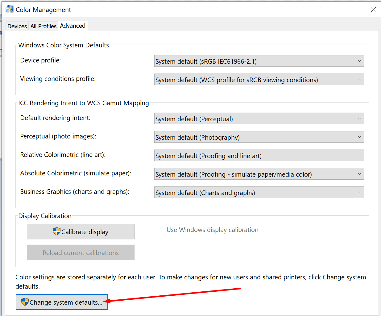 gestión de color predeterminada del sistema de cambio avanzado