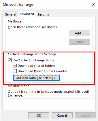 Outlook Cached Exchange Mode más configuraciones