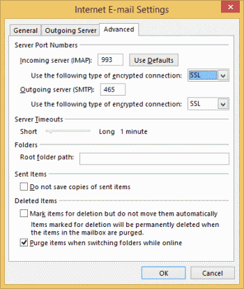 Configuración avanzada de Outlook Yahoo IMAP