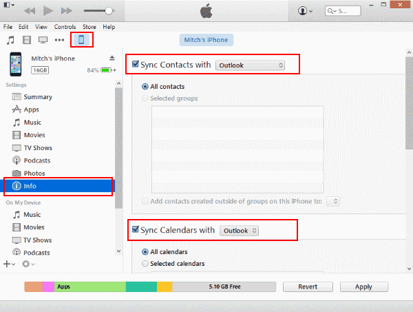 Configuración de sincronización de iTunes Outlook