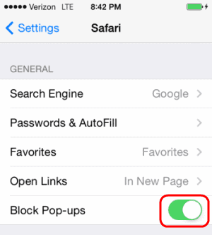 Configuración emergente de Safari para iOS