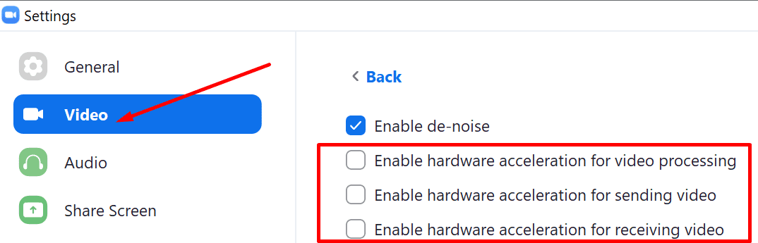 zoom deshabilitar la aceleración de hardware