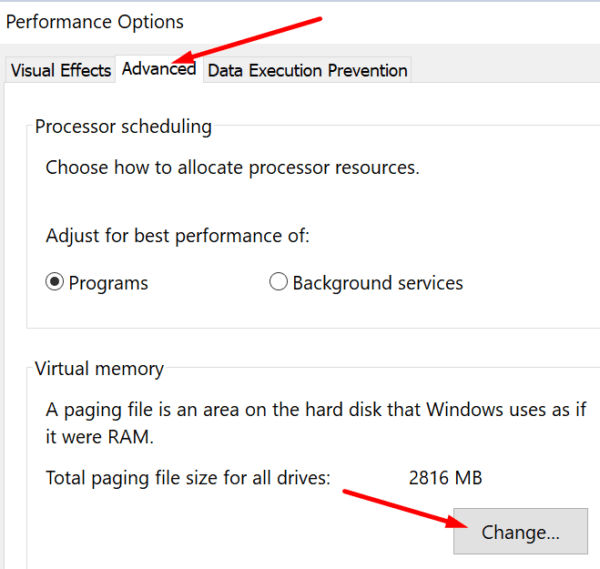 opciones de rendimiento configuración de memoria virtual