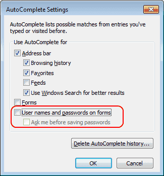 Configuración de Autocompletar de IE - Configuración de nombre de usuario y contraseña