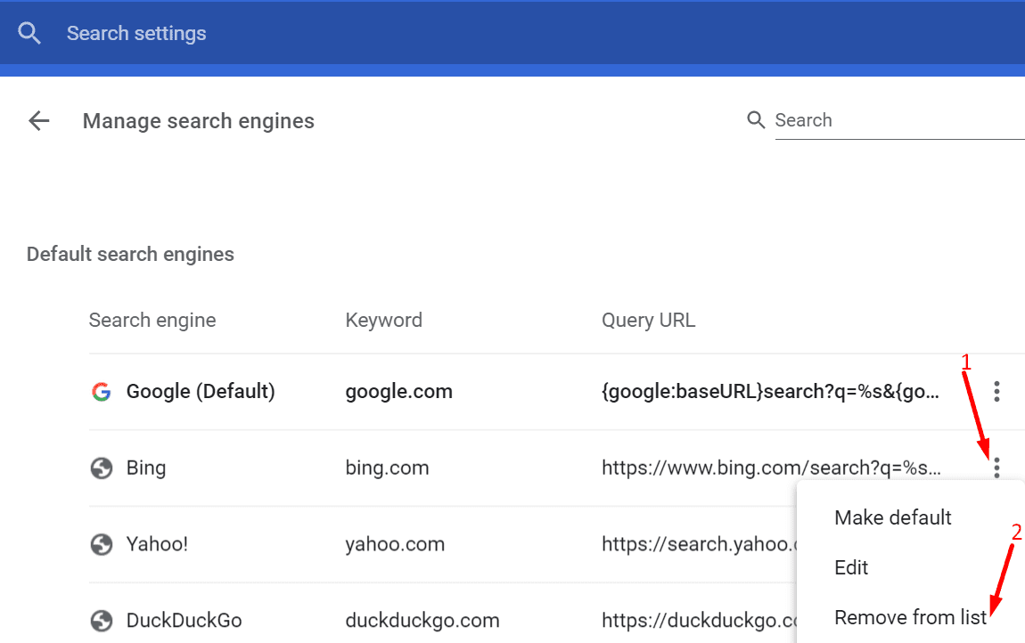 eliminar la configuración del motor de búsqueda bing