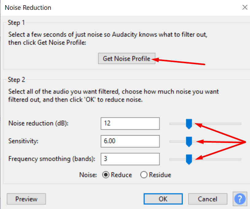 opciones de reducción de ruido audacity