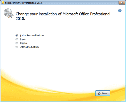 Opción para agregar funciones de eliminación de Office 2010