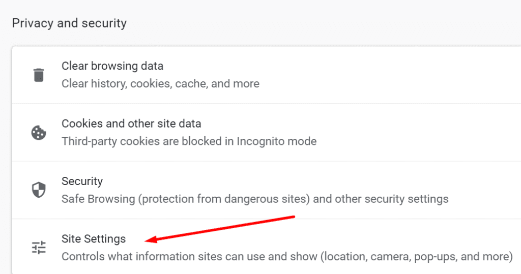 configuración del sitio de Chrome