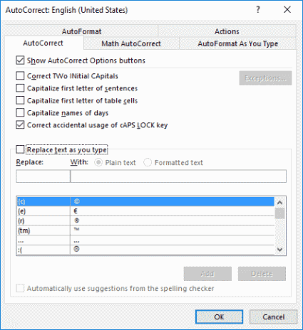 Botón Opciones de autocorrección de Word 2016