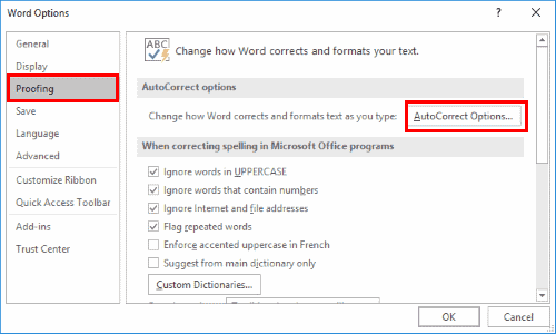 Botón Opciones de autocorrección de Word 2013