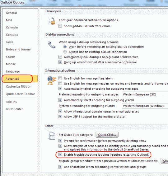 Casilla de verificación de registro de solución de problemas de Outlook 2010