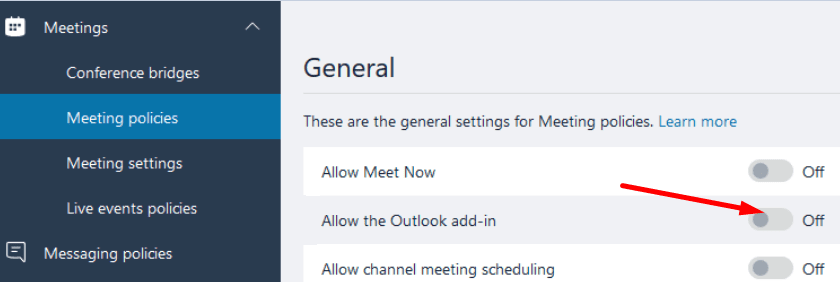 Permitir directivas de reunión del complemento de Outlook de Microsoft Teams