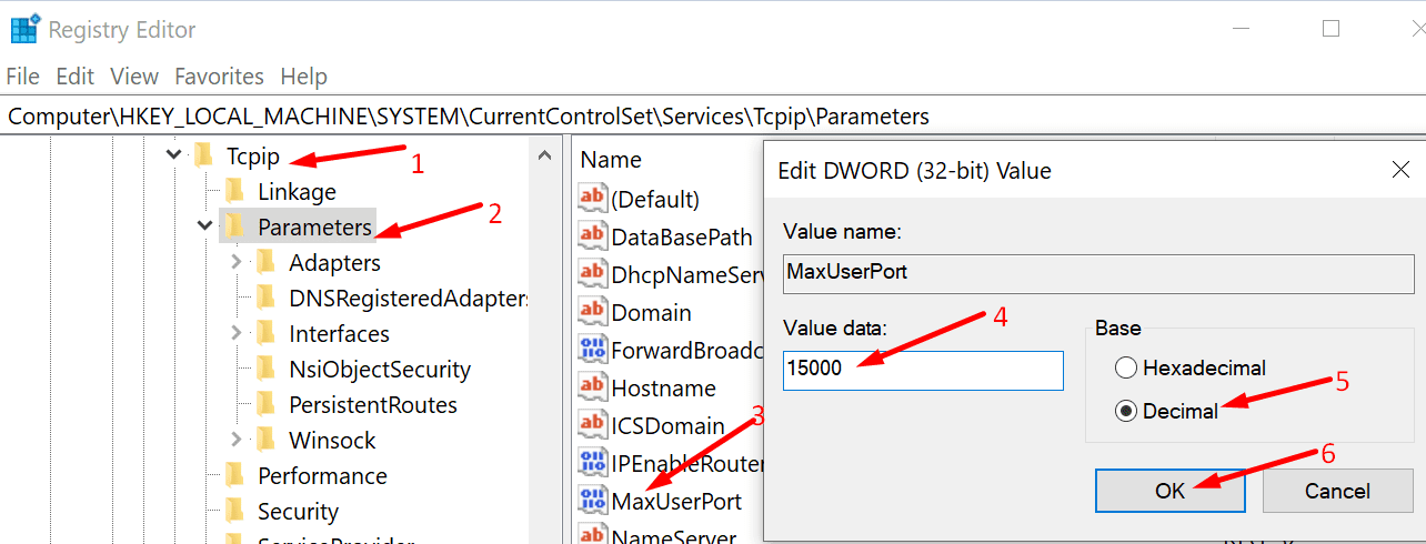 modificar el editor de registro de la configuración de tcpip maxuserport