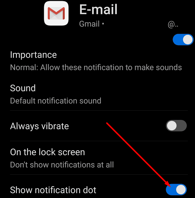gmail muestra el punto de notificación