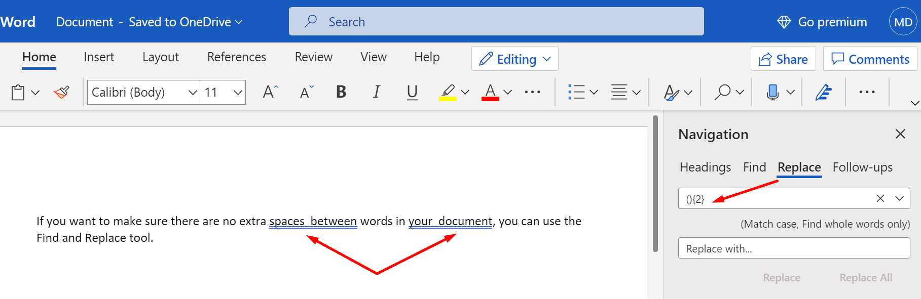 encontrar espacios adicionales entre palabras de Microsoft Word