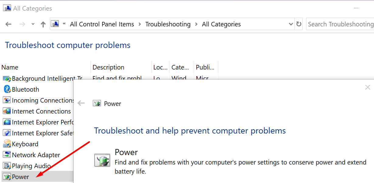 panel de control de la utilidad de solución de problemas de energía