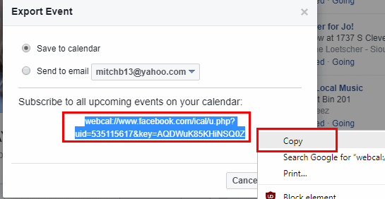 Enlace de suscripción al calendario de eventos de Facebook.