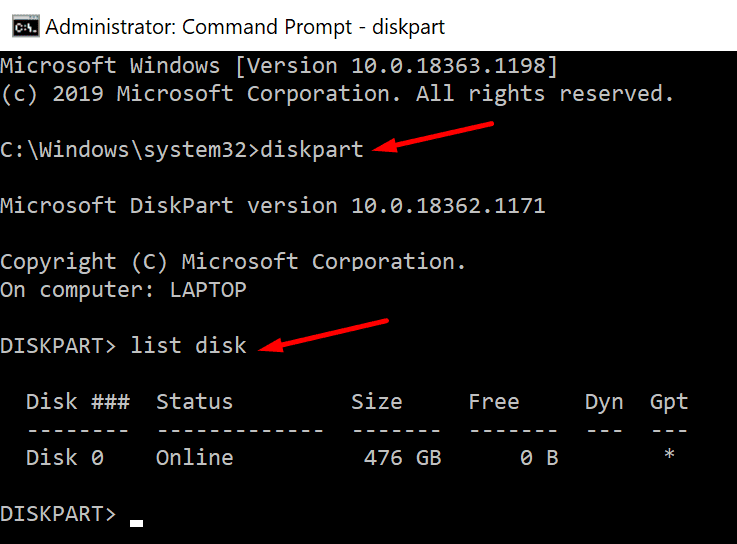 indicador de comando del disco diskpart list