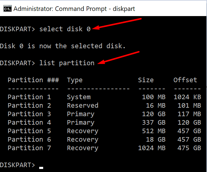 listar símbolo del sistema de partición de disco de Windows 10