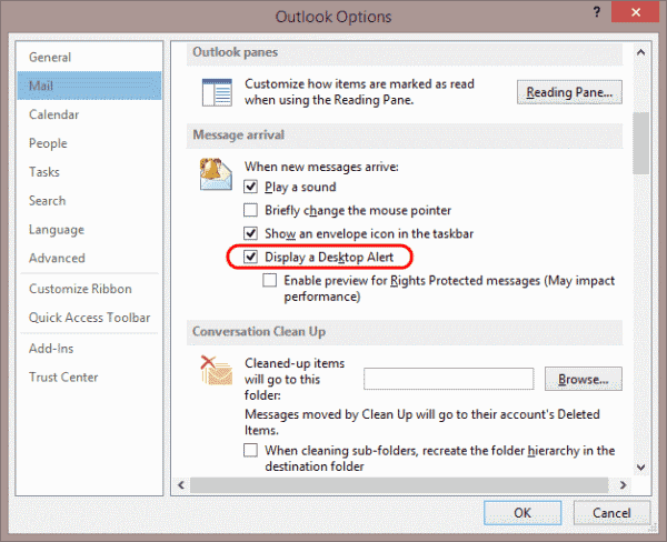 Configuración de alerta de escritorio de Outlook 2013