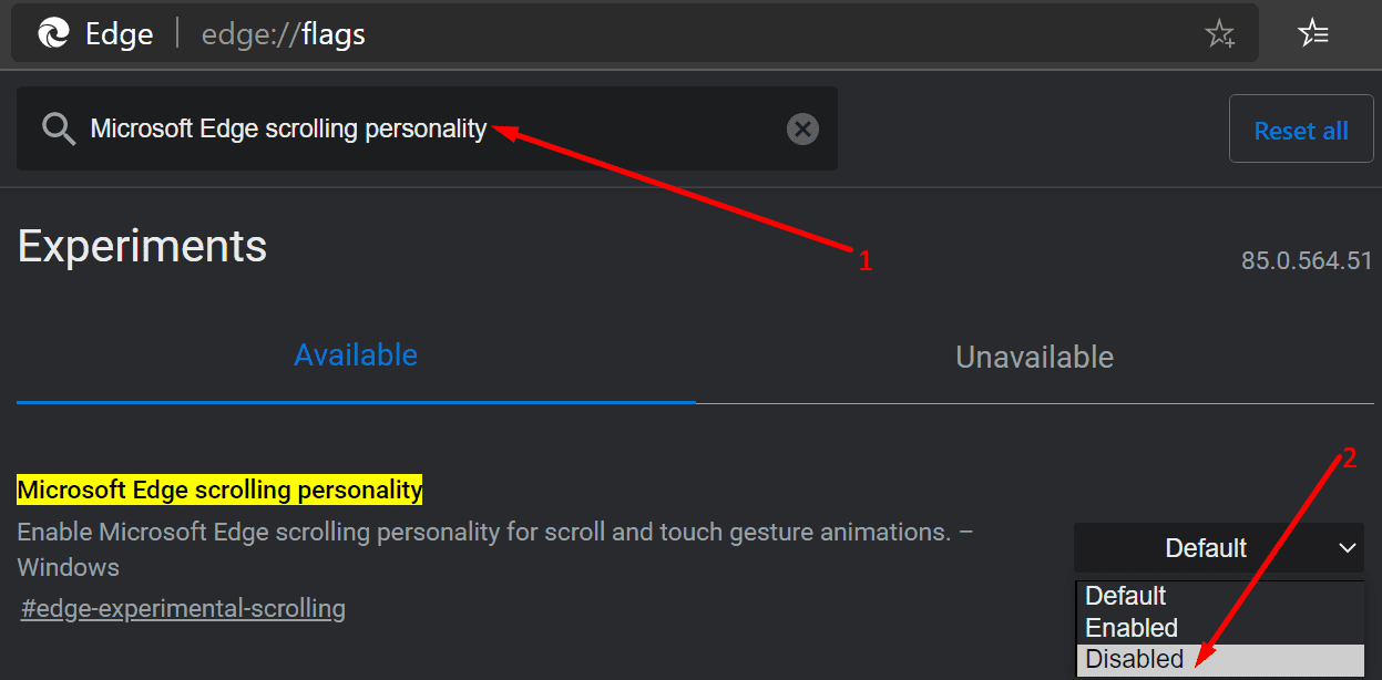 Deshabilitar la personalidad de desplazamiento de Microsoft Edge