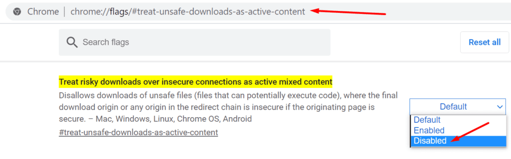 deshabilitar tratar descargas inseguras como contenido activo