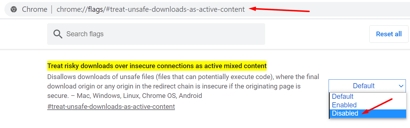 deshabilitar tratar descargas inseguras como contenido activo