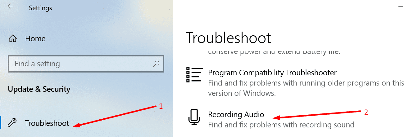 ejecutar el solucionador de problemas de grabación de audio de Windows 10