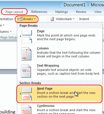 Opción de página siguiente de Word 2010