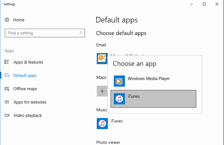 Configuración predeterminada del reproductor de música de Windows 10.