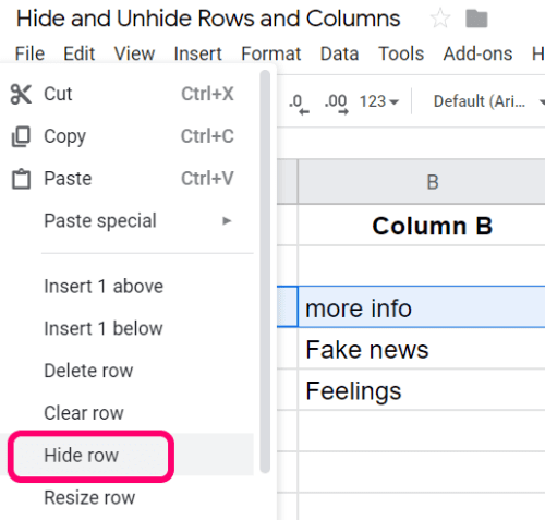 Hojas de cálculo de Google: ocultar / mostrar filas y columnas