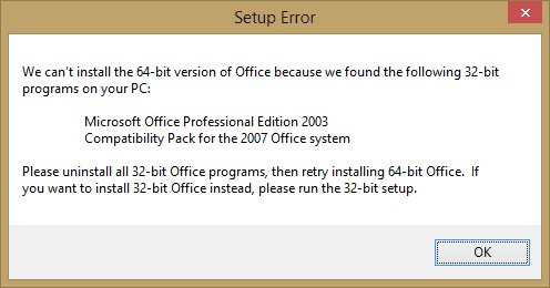 MS Office: Se corrigió el error "Error de instalación: no podemos instalar la versión de 64 bits de Office".