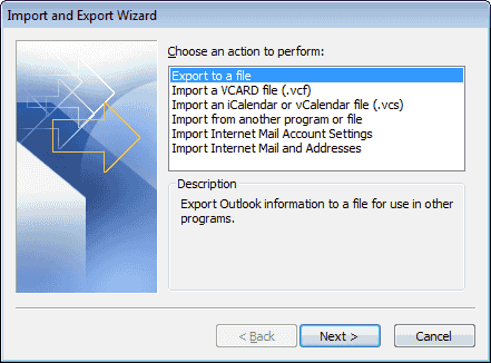 Opción de exportación de Outlook a archivo