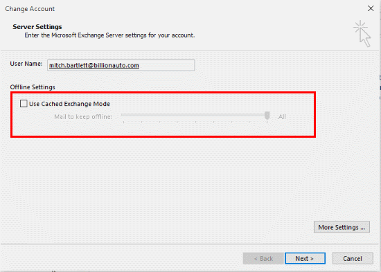 Casilla de verificación del modo de intercambio en caché de Outlook