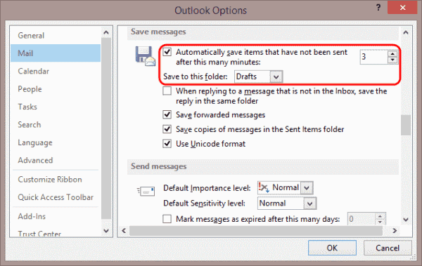 Configuración de guardado de borrador de Outlook 2013