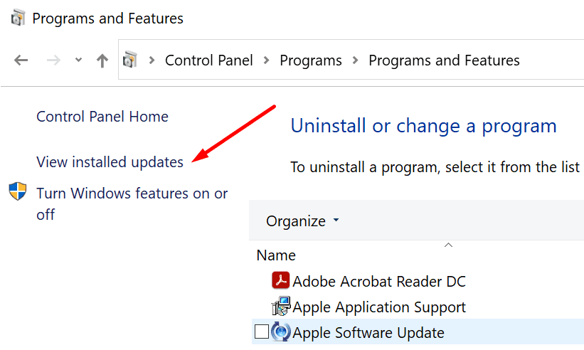 mostrar el panel de control de actualizaciones instaladas