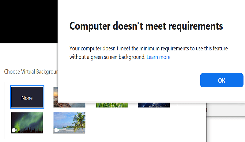 La computadora con zoom no cumple con los requisitos de fondo virtual