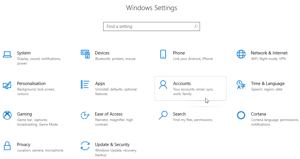 System settings windows 10