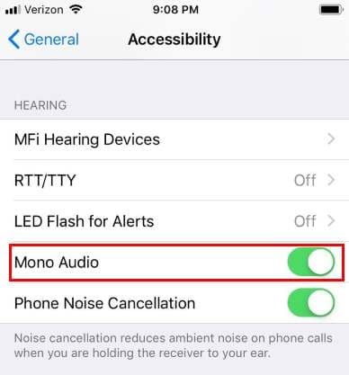 Configuración de audio mono del iPhone