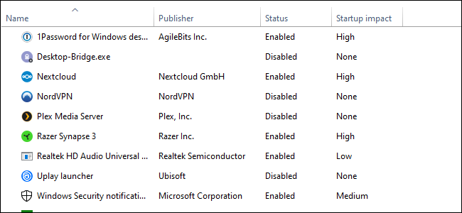 Administrador de tareas de Windows 10, lista de cuatro columnas de texto sobre fondo blanco
