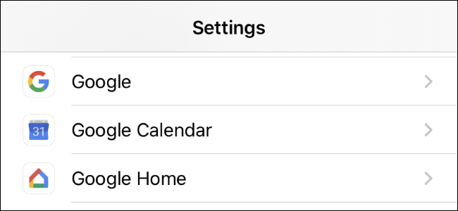 Aplicaciones de Google en la lista de aplicaciones en la pantalla de configuración del iPhone.