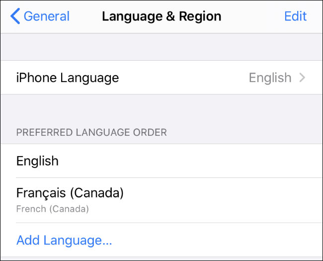Varios idiomas en la lista de Orden de idiomas preferidos en un iPhone.