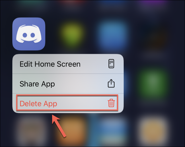Grifo "Eliminar la aplicación" para eliminar Discord de la pantalla de inicio de su iPhone o iPad. 