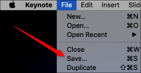 Haga clic en "Archivo," luego haga clic en "ahorrar" en Keynote.