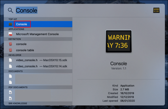 Pegar "Consola" en el cuadro de texto Spotlight, luego haga clic en él cuando aparezca.