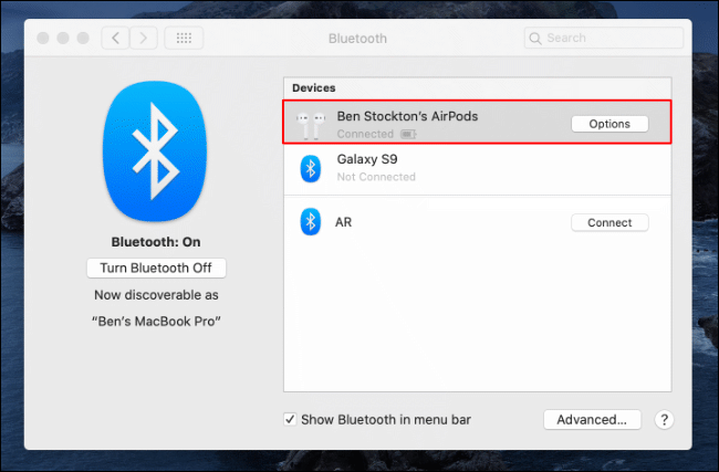 la "Bluetooth" menú en macOS.