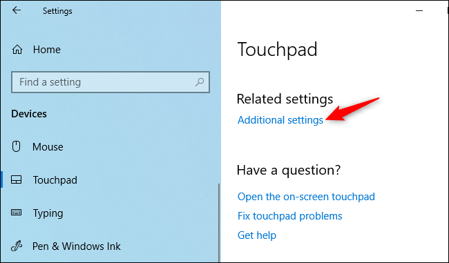 Abra configuraciones adicionales del panel táctil en Windows 10.