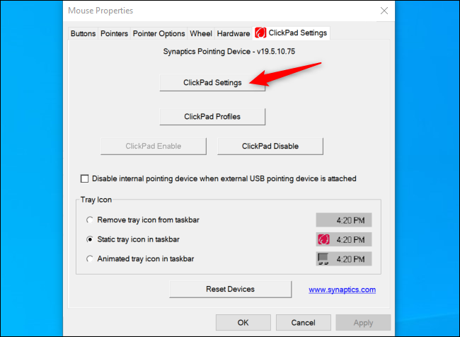 Inicio de la configuración de Synaptics ClickPad en una computadora portátil HP.